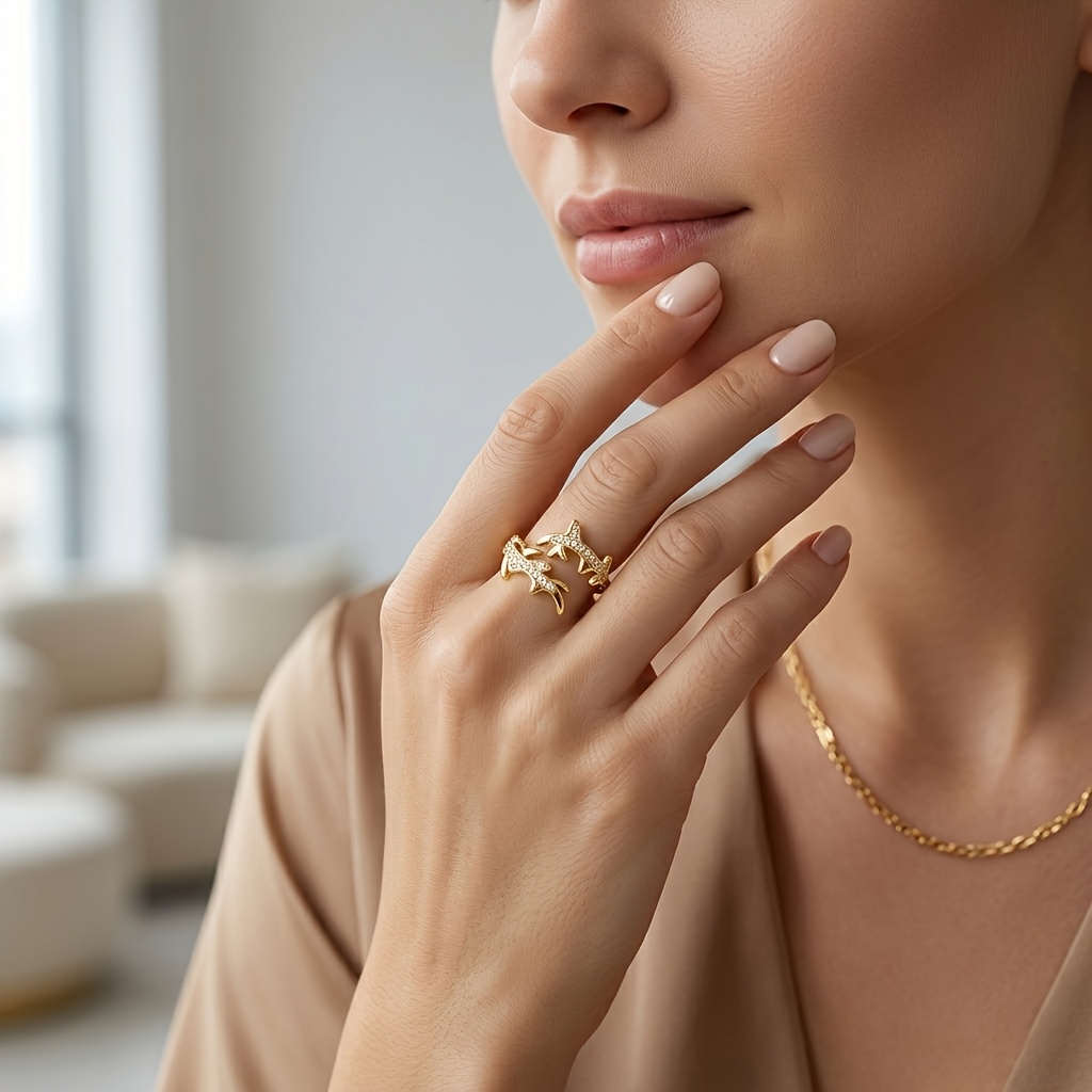 Women's Coral Branch Open Ring with Cubic Zirconia, Adjustable